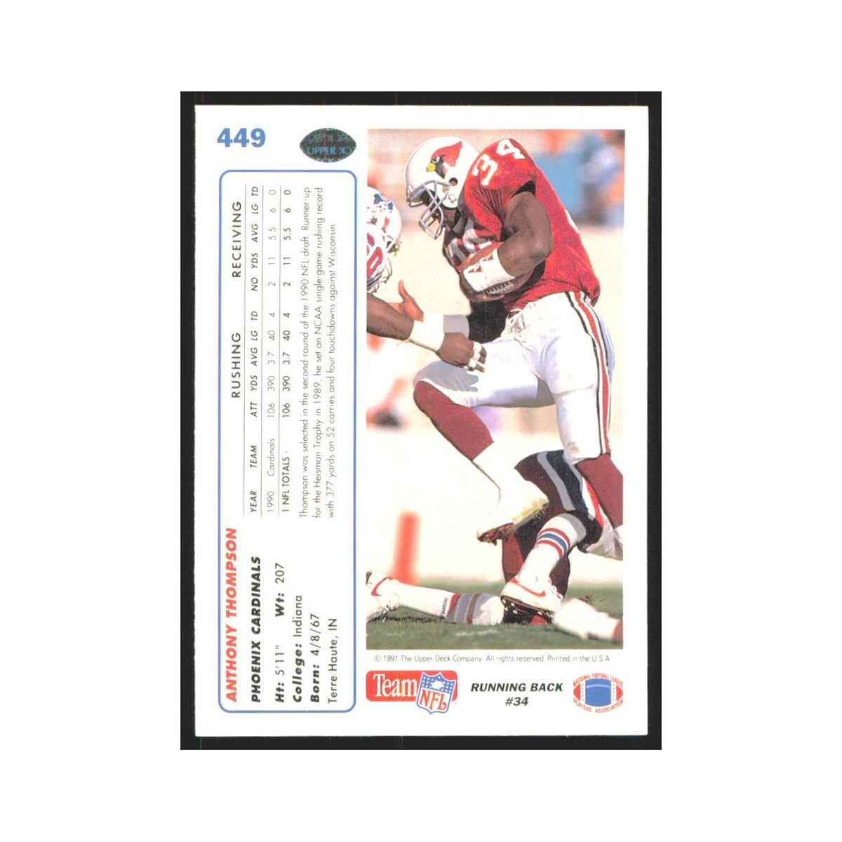 1991 Upper Deck Anthony Thompson Phoenix Cardinals #449