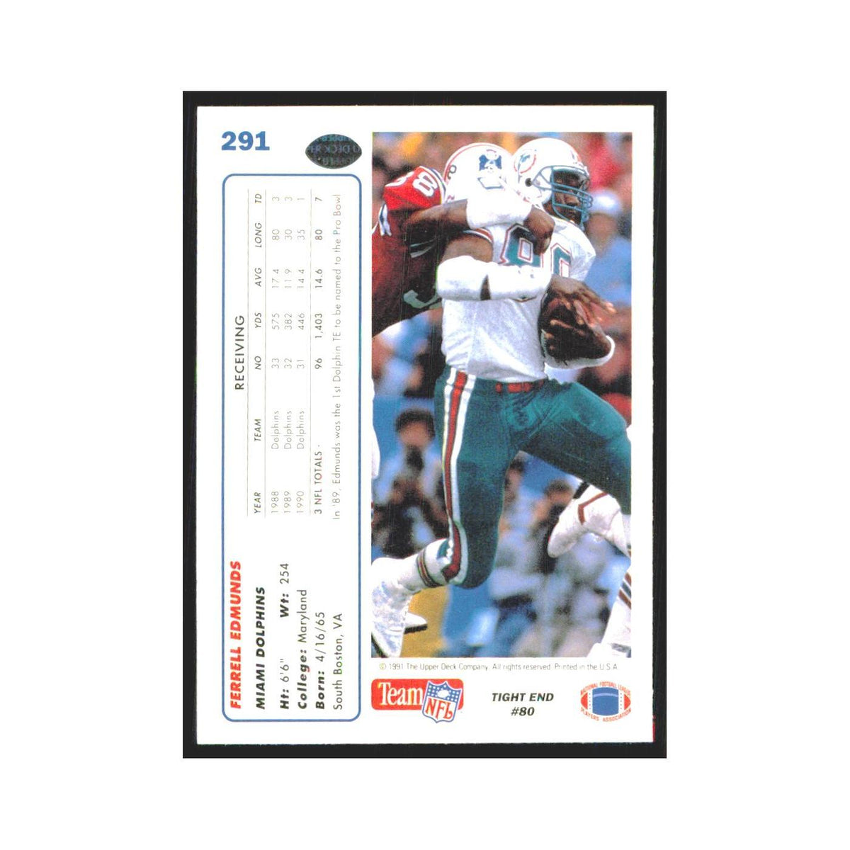 1991 Upper Deck Ferrell Edmunds Dolphins #291