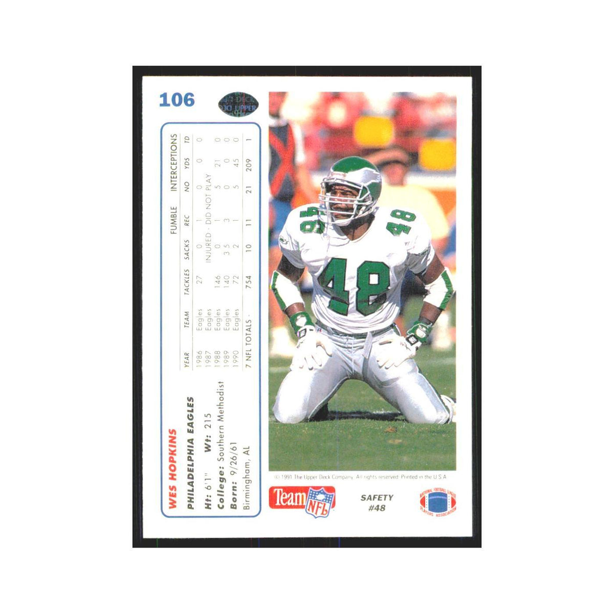 1991 Upper Deck Wes Hopkins Eagles #106