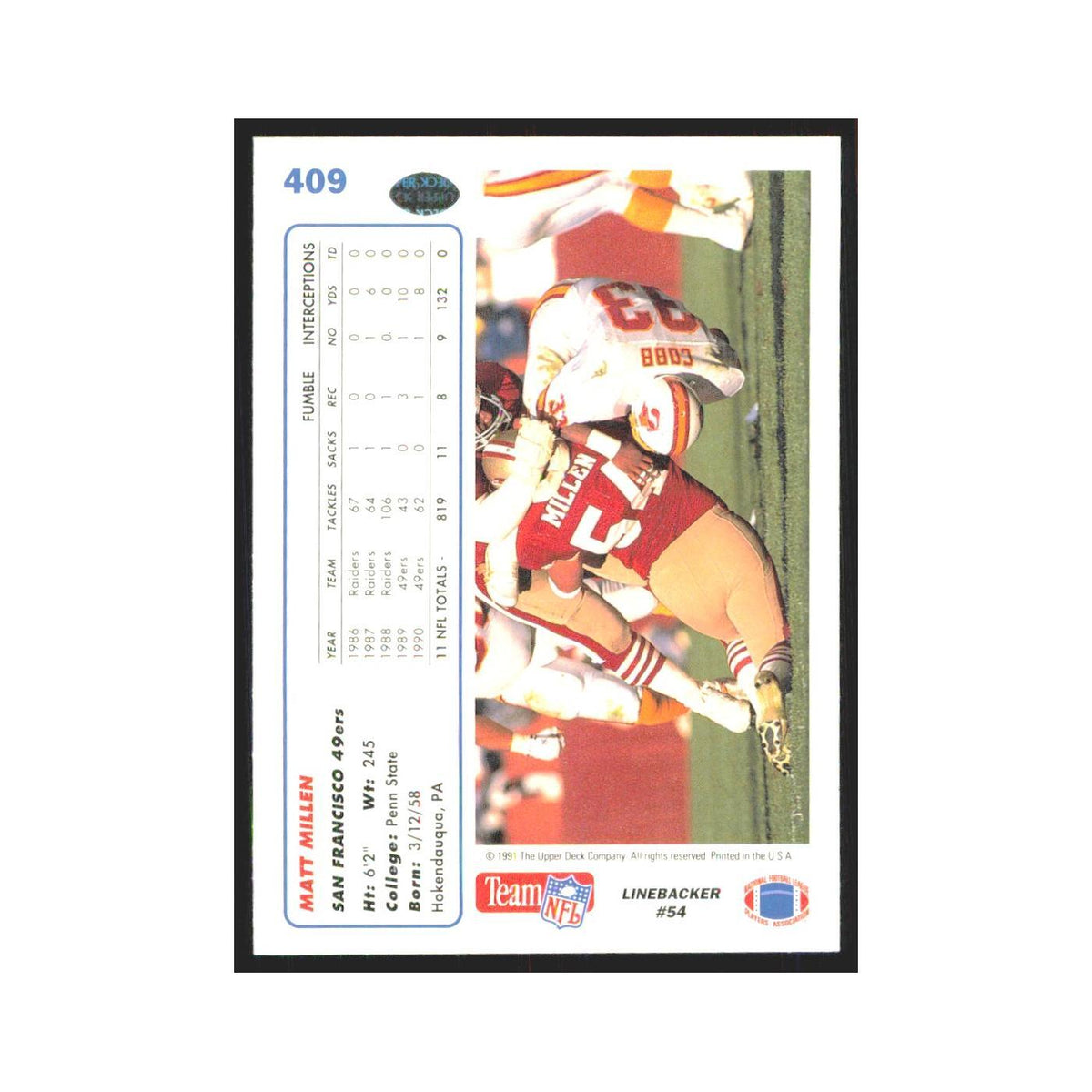 1991 Upper Deck Matt Millen 49ers #409