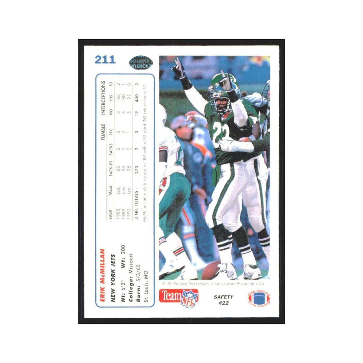 1991 Upper Deck Erik McMillan Jets #211