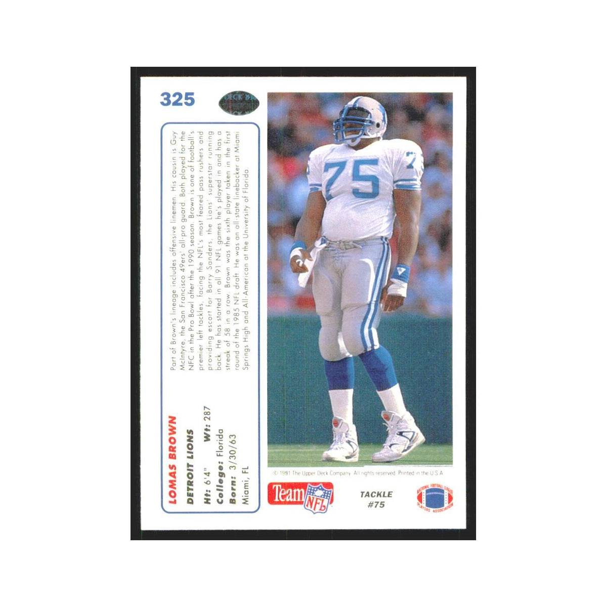 1991 Upper Deck Lomas Brown Lions #325