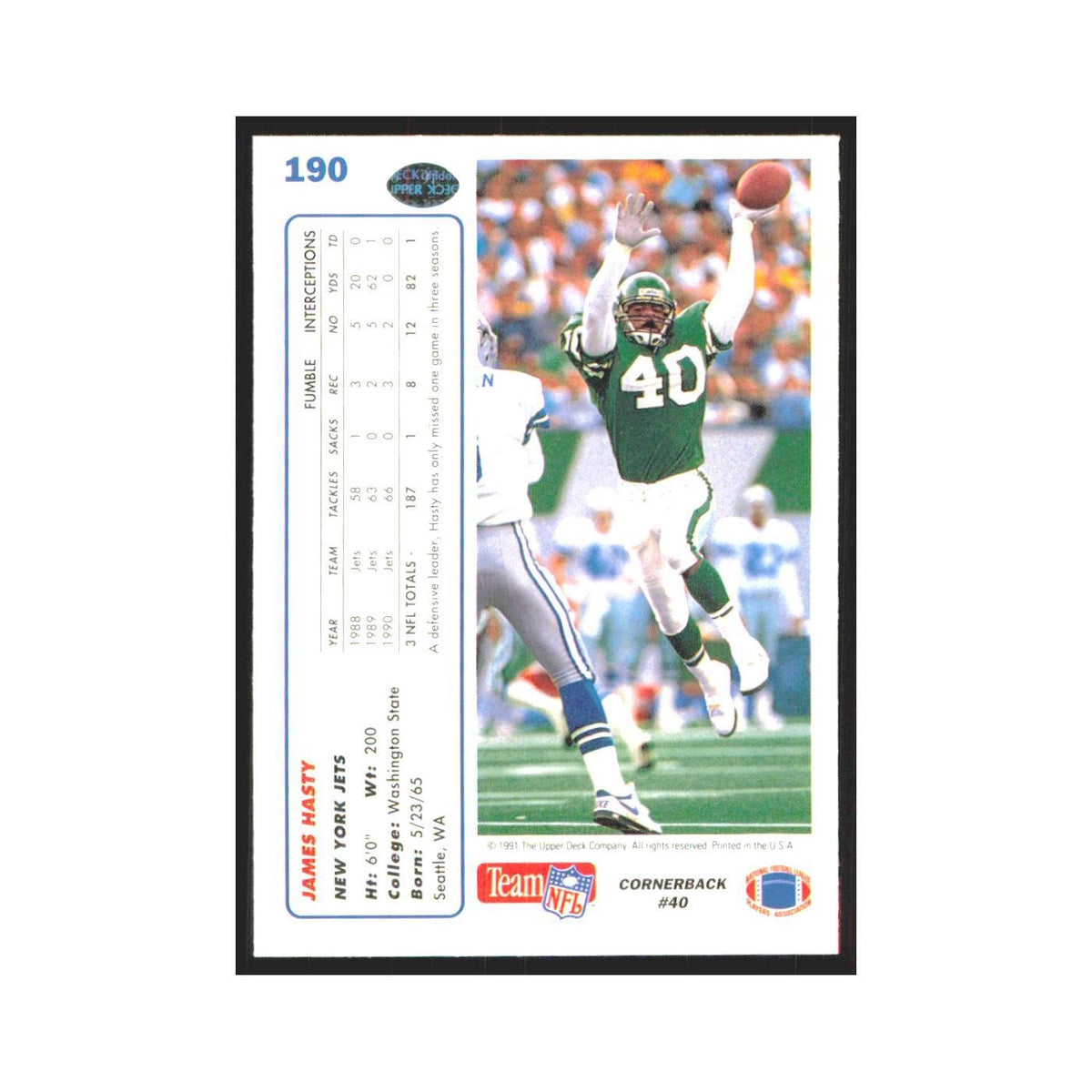 1991 Upper Deck James Hasty Jets #190