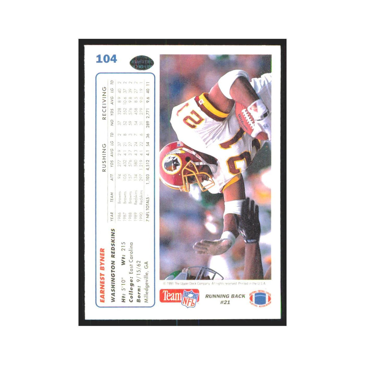 1991 Upper Deck Earnest Byner Redskins #104
