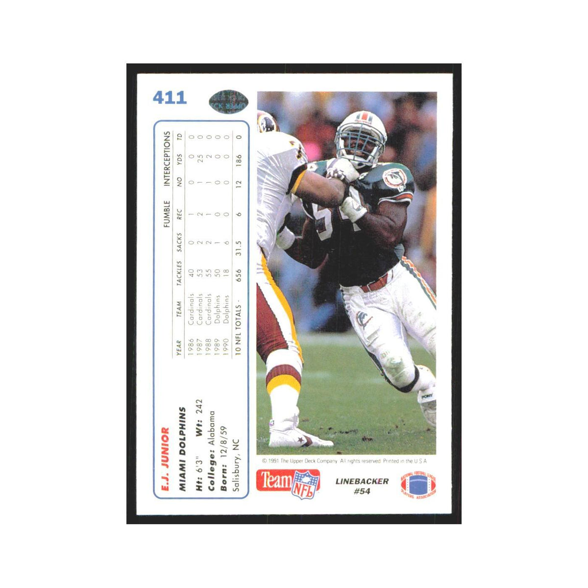 1991 Upper Deck E.J. Junior Dolphins #411