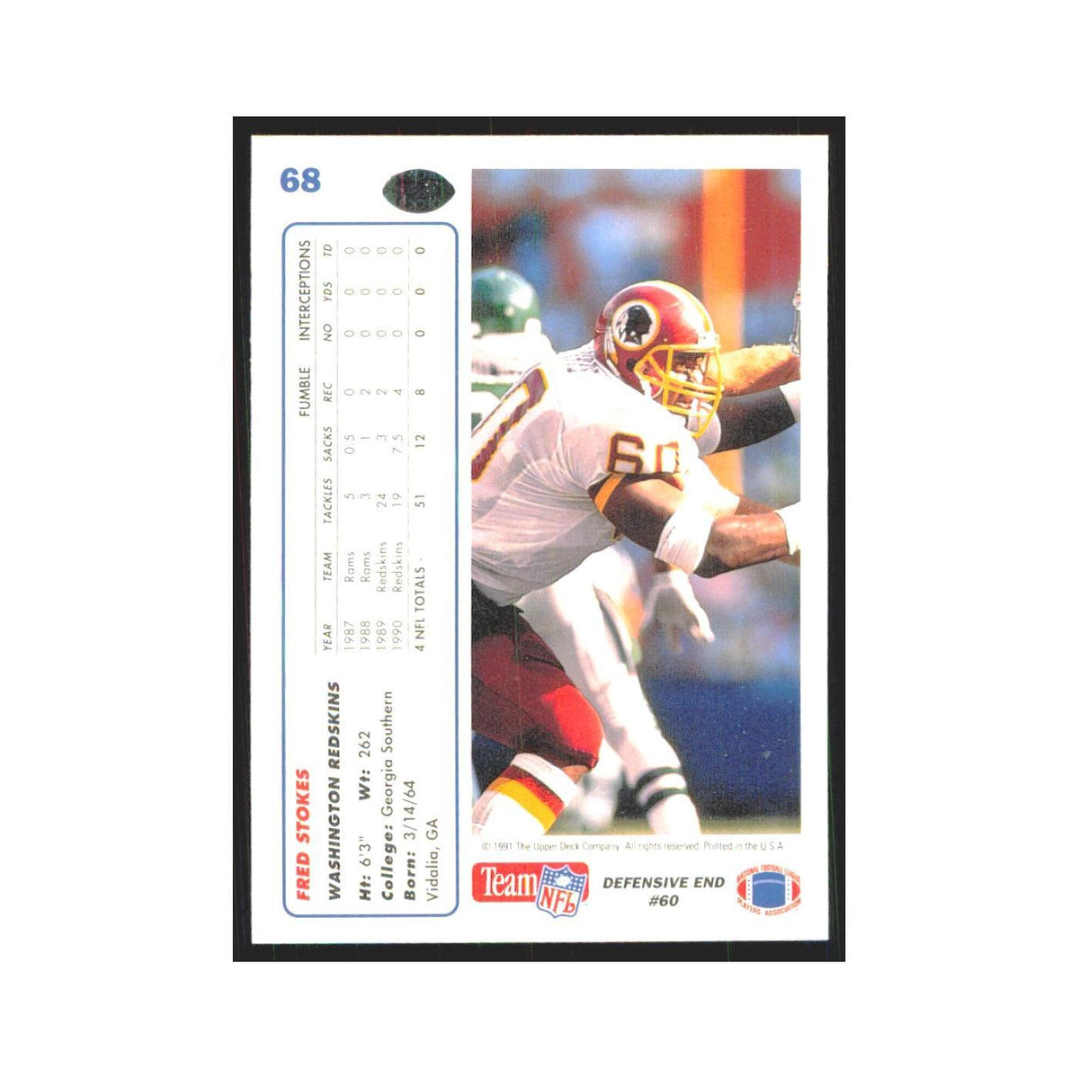1991 Upper Deck Fred Stokes Redskins #68