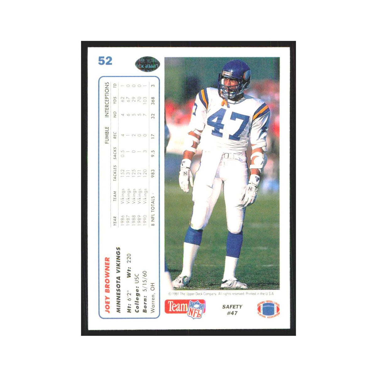 1991 Upper Deck Joey Browner Vikings #52