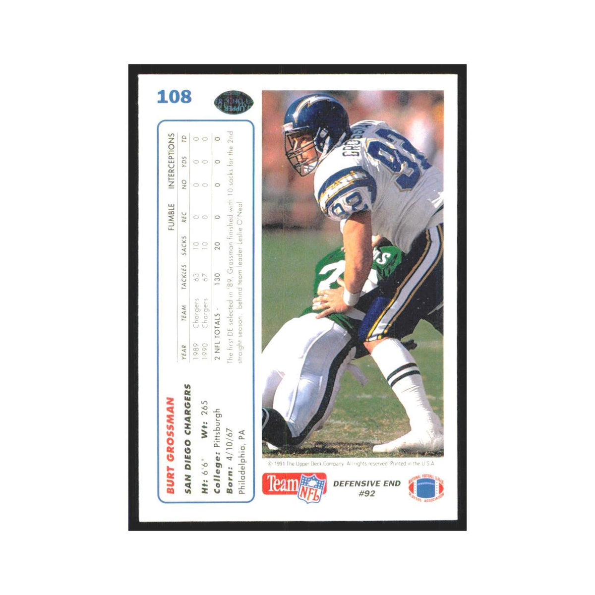 1991 Upper Deck Burt Grossman San Diego Chargers #108