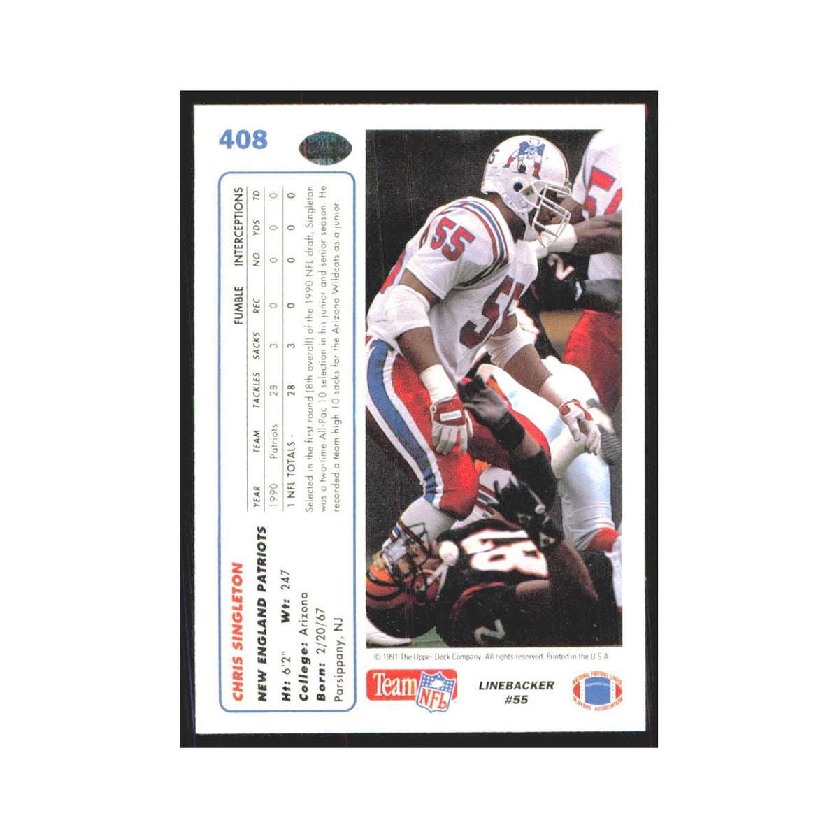1991 Upper Deck Chris Singleton Patriots #408