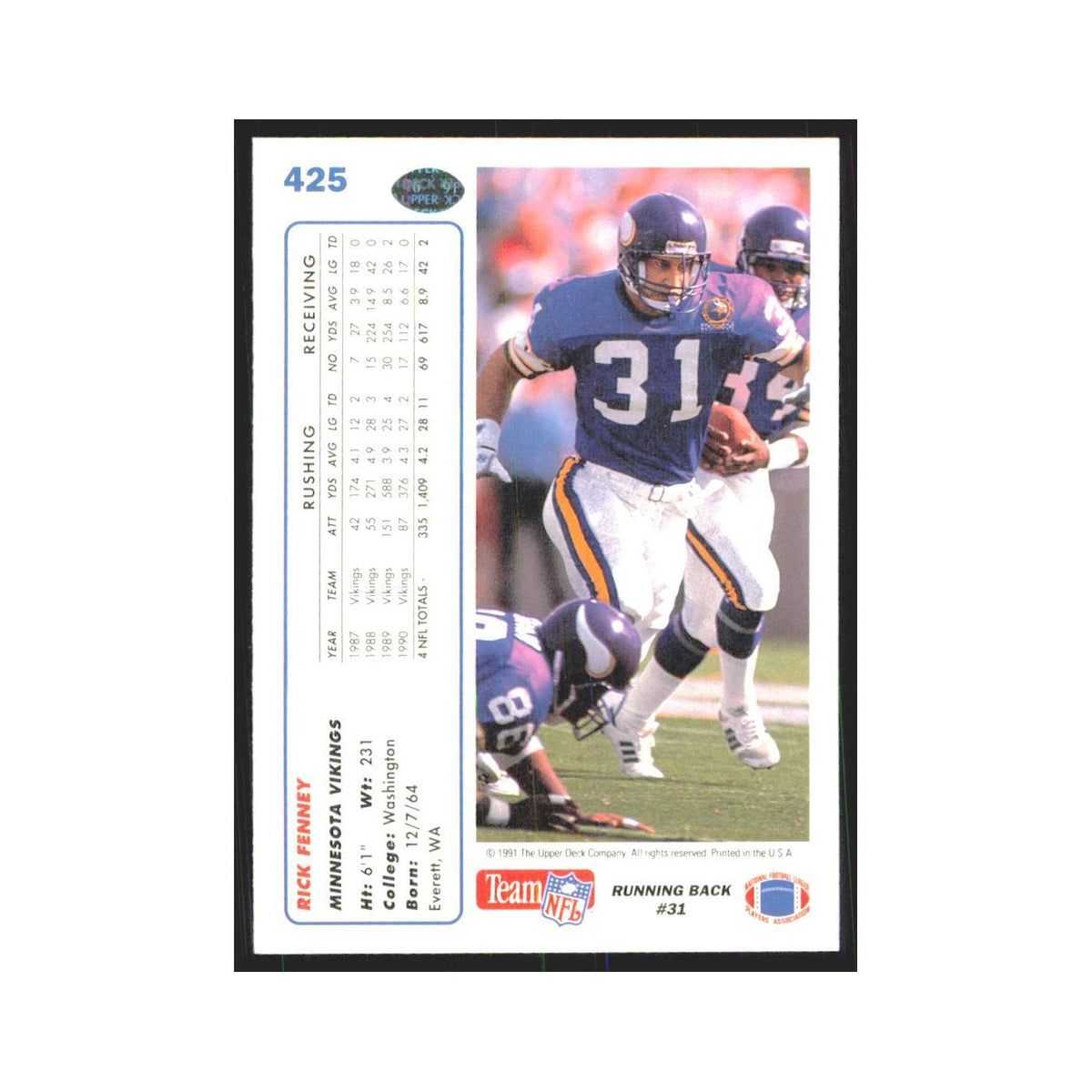 1991 Upper Deck Rick Fenney Vikings #425