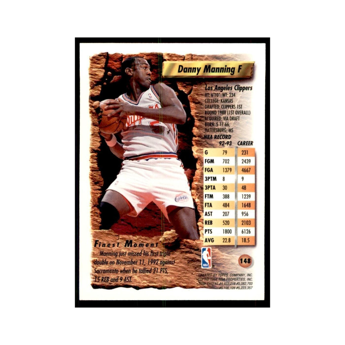 1993 Topps Finest Danny Manning Basketball Cards #148