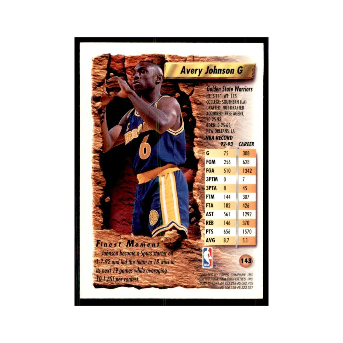 1993 Topps Finest Avery Johnson Basketball Cards #143