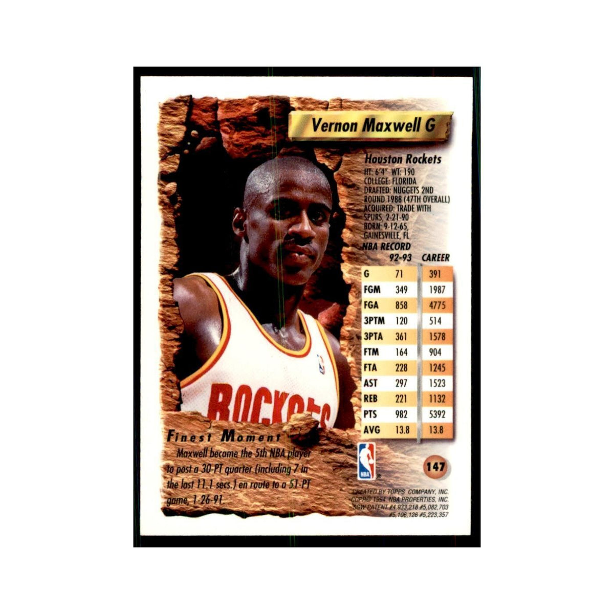 1993 Topps Finest Vernon Maxwell Basketball Cards #147