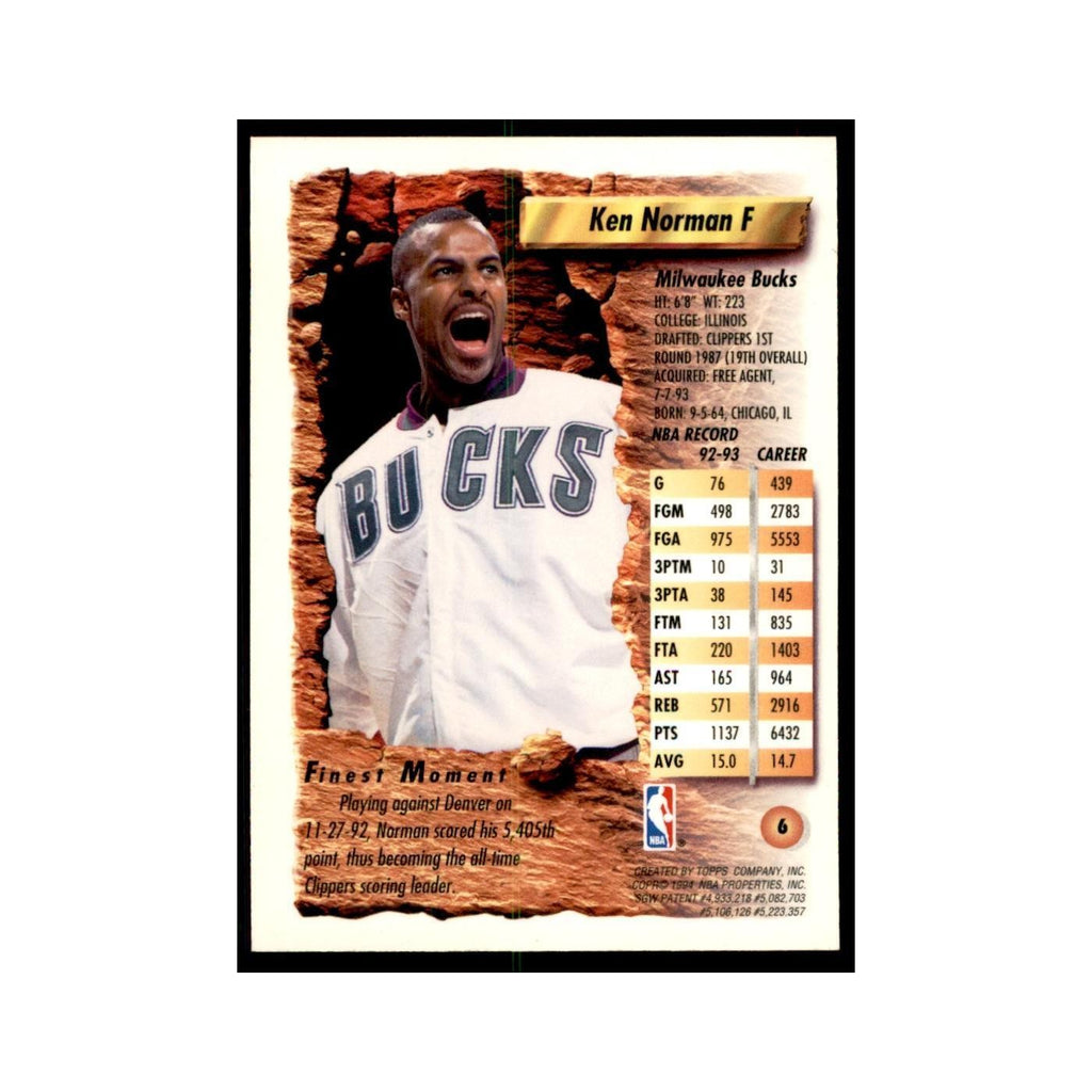 1993 Topps Finest Ken Norman Basketball Cards #6