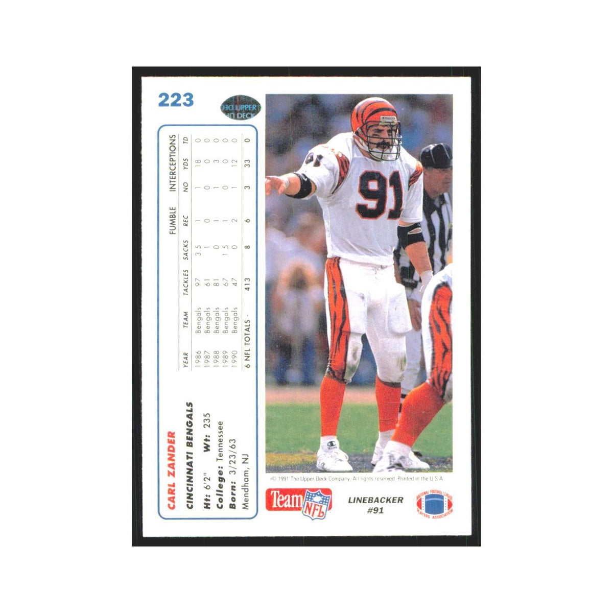 1991 Upper Deck Carl Zander Bengals #223