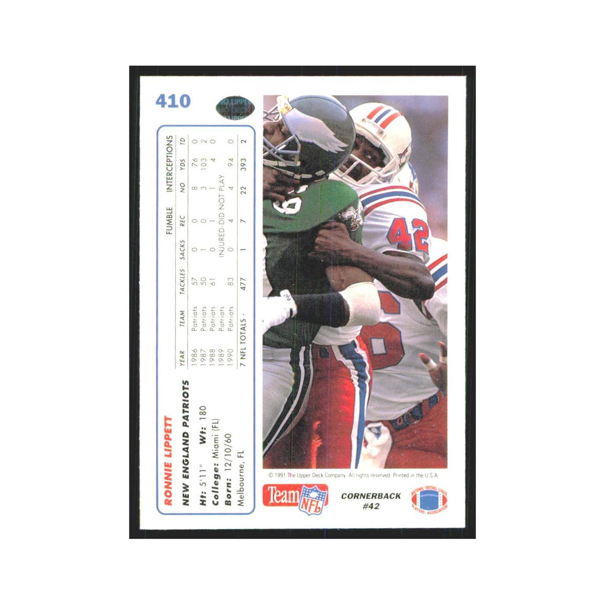 1991 Upper Deck Ronnie Lippett Patriots #410