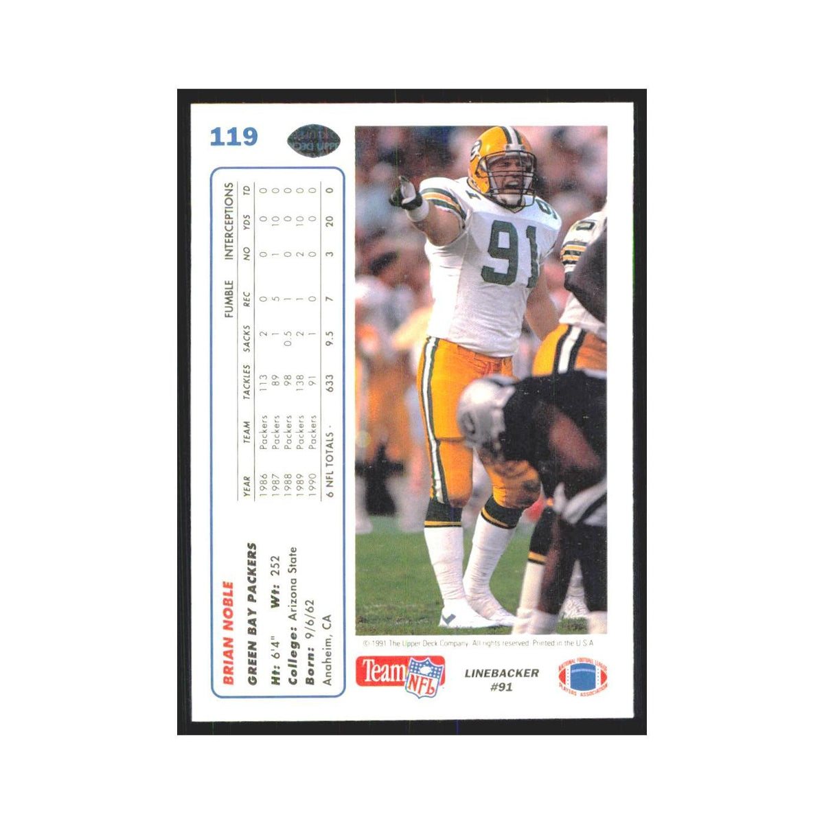 1991 Upper Deck Brian Noble Packers #119