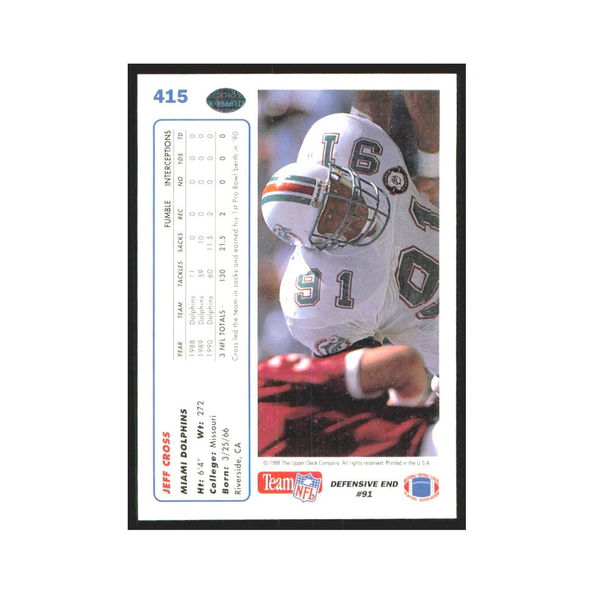 1991 Upper Deck Jeff Cross Dolphins #415