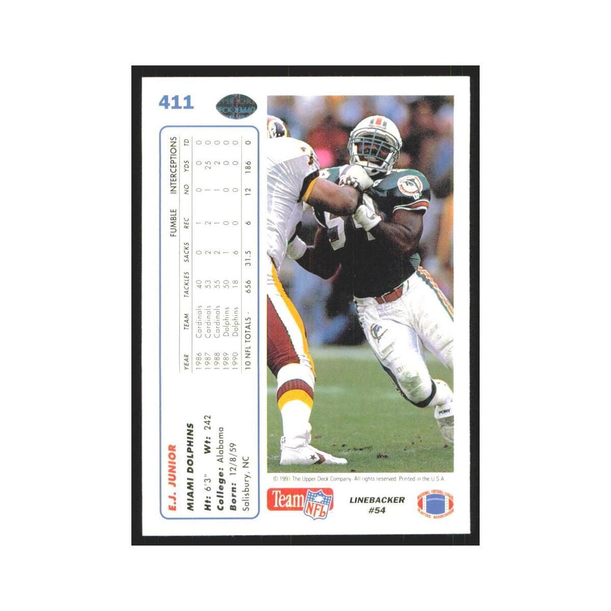 1991 Upper Deck E.J. Junior Dolphins #411