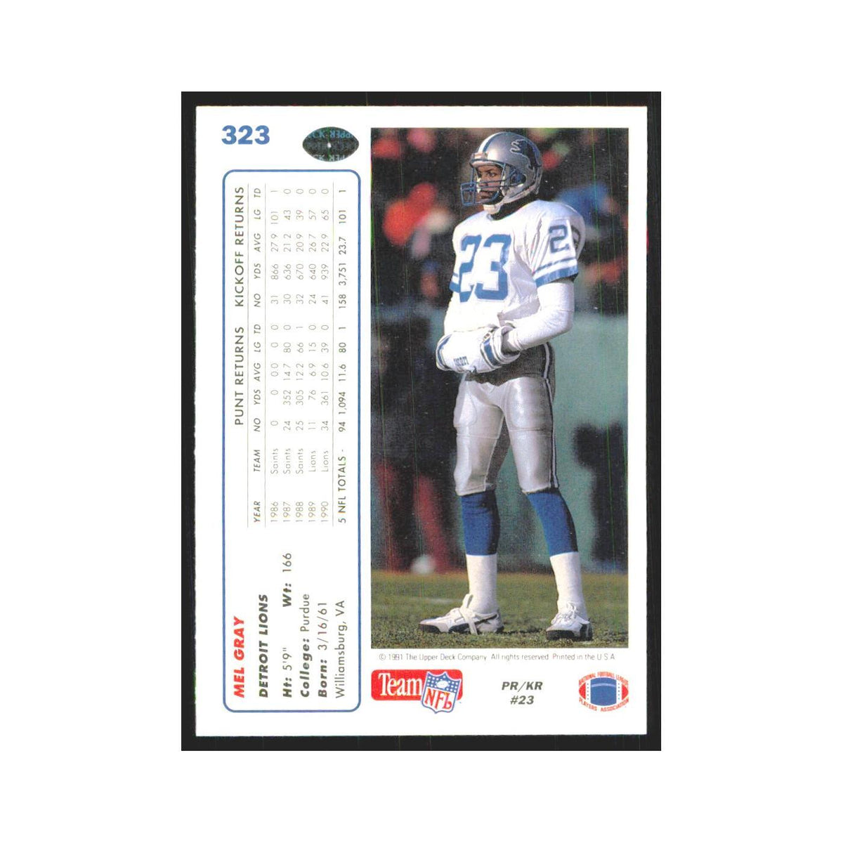 1991 Upper Deck Mel Gray Lions #323