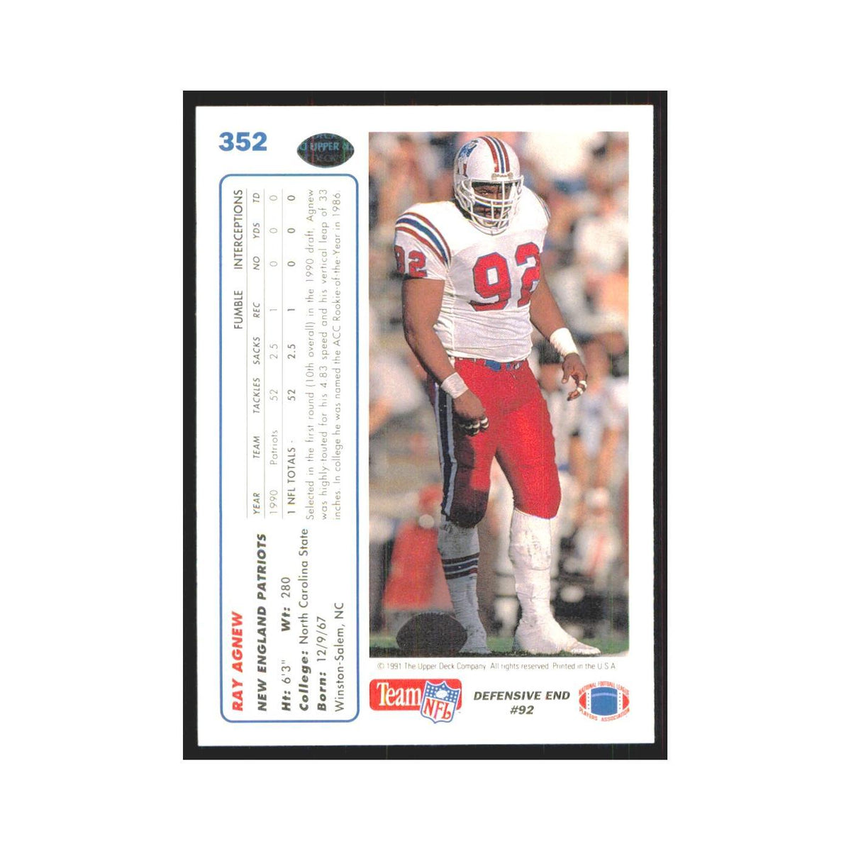 1991 Upper Deck Ray Agnew Patriots #352