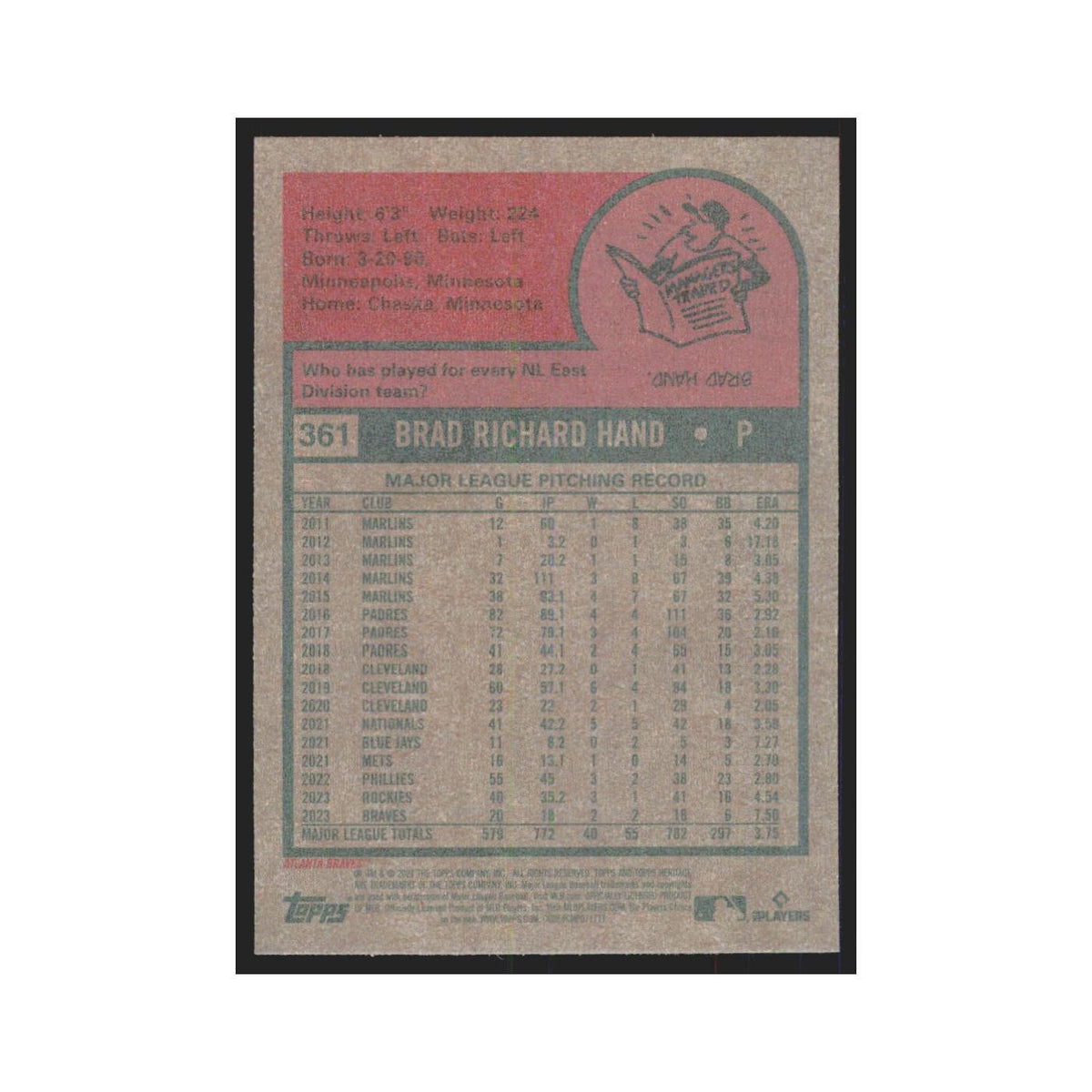 Brad Hand 2024 Topps Heritage #361 Atlanta Braves Baseball Card NM
