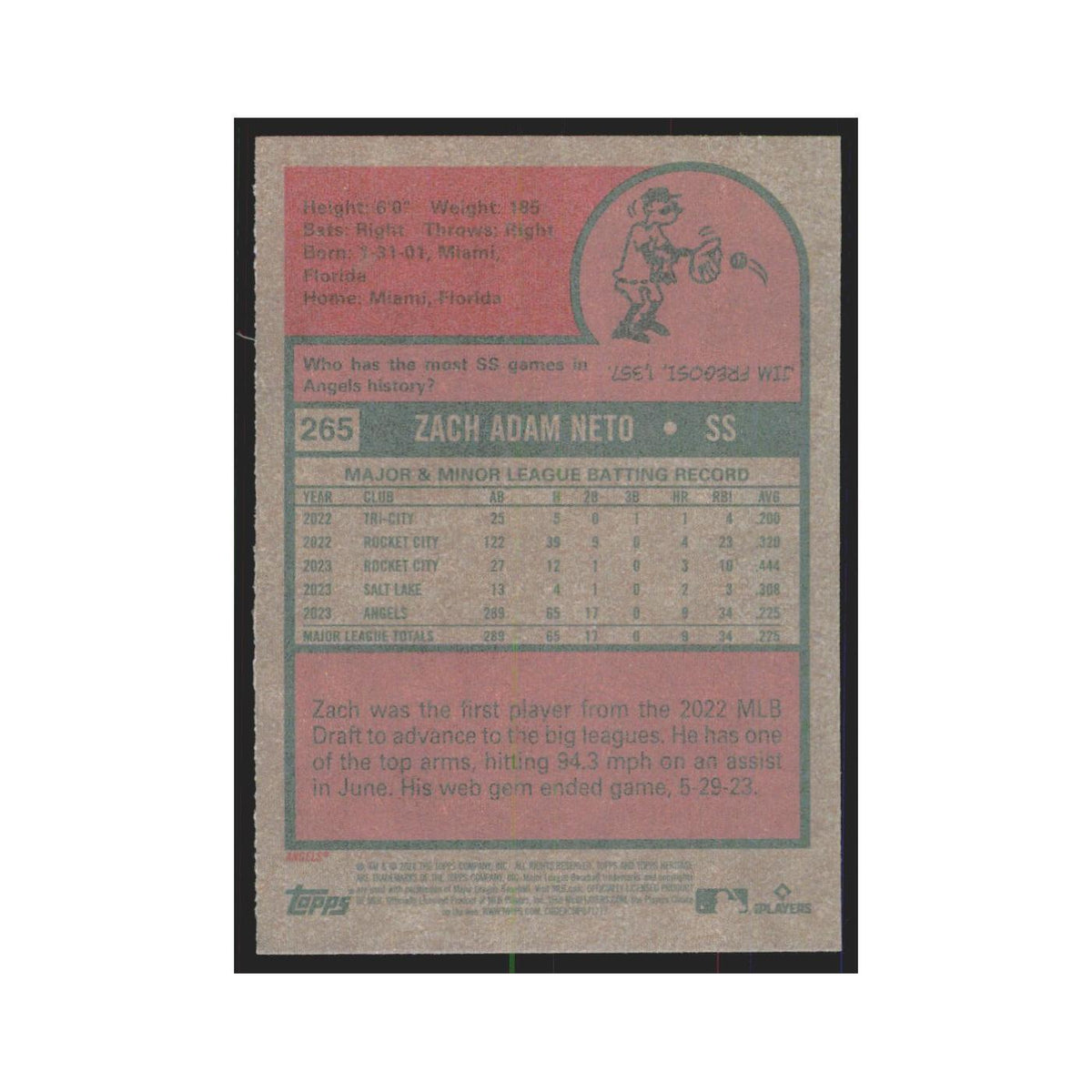 Zach Neto 2024 Topps Heritage #265 Los Angeles Angels Baseball Card NM
