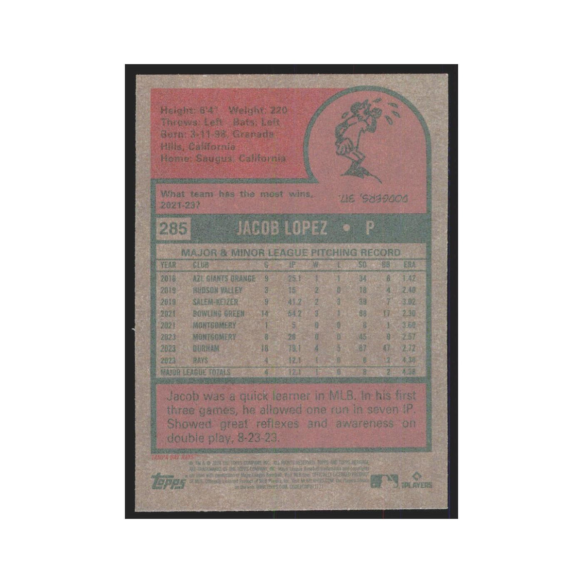Jacob Lopez Rookie 2024 Topps Heritage #285 Tampa Bay Rays Baseball Card NM