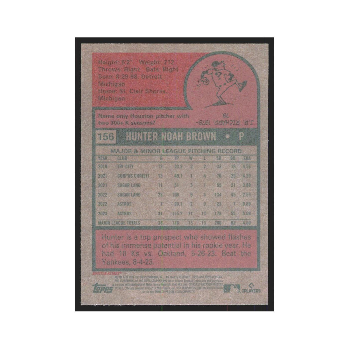 Hunter Brown 2024 Topps Heritage #156 Houston Astros Baseball Card NM