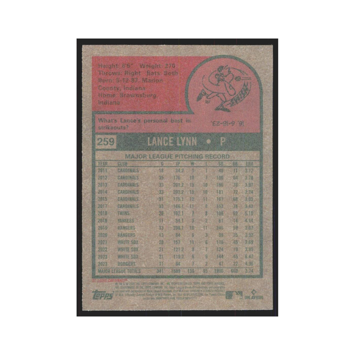 Lance Lynn 2024 Topps Heritage #259 St. Louis Cardinals Baseball Card NM