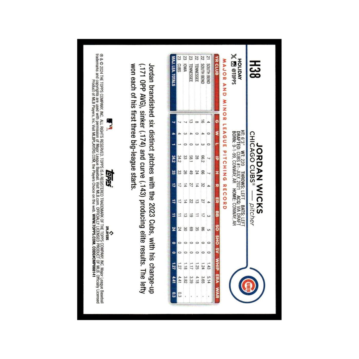 Jordan Wicks Rookie 2024 Topps Holiday #H38 Chicago Cubs Baseball Card NM