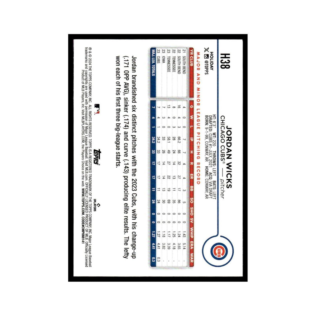 Jordan Wicks Rookie 2024 Topps Holiday #H38 Chicago Cubs Baseball Card NM