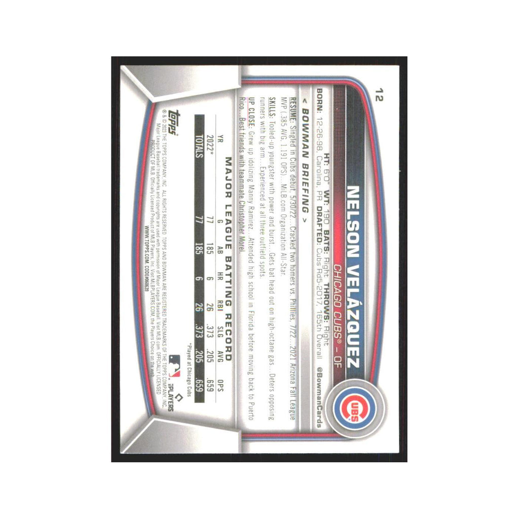 Nelson Velazquez Rookie 2023 Bowman #12 Chicago Cubs Baseball Card NM