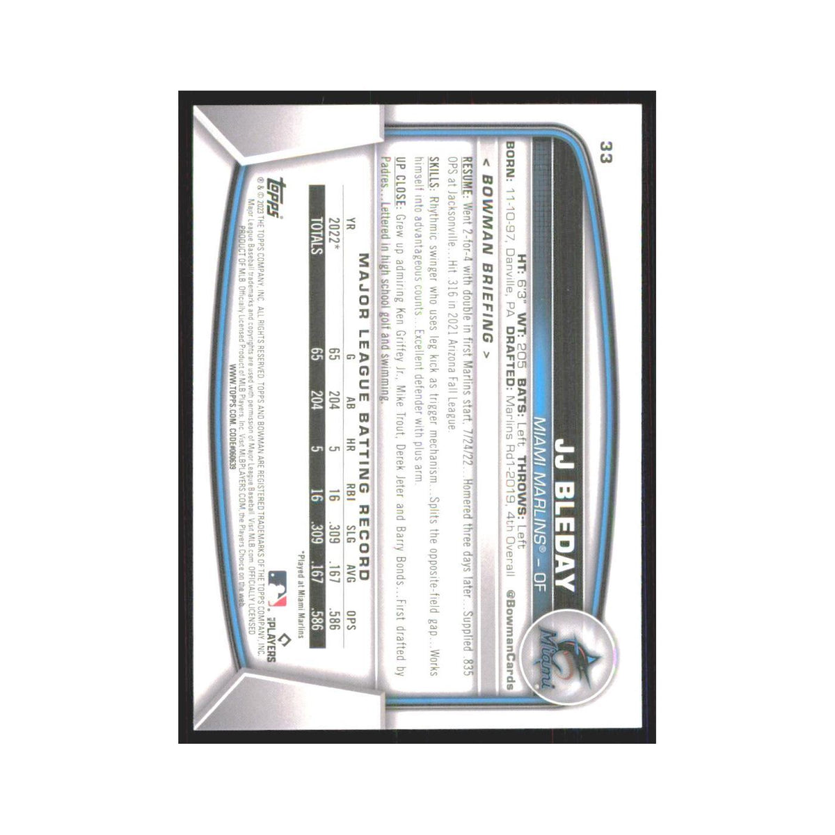JJ Bleday Rookie 2023 Bowman #33 Miami Marlins Baseball Card NM