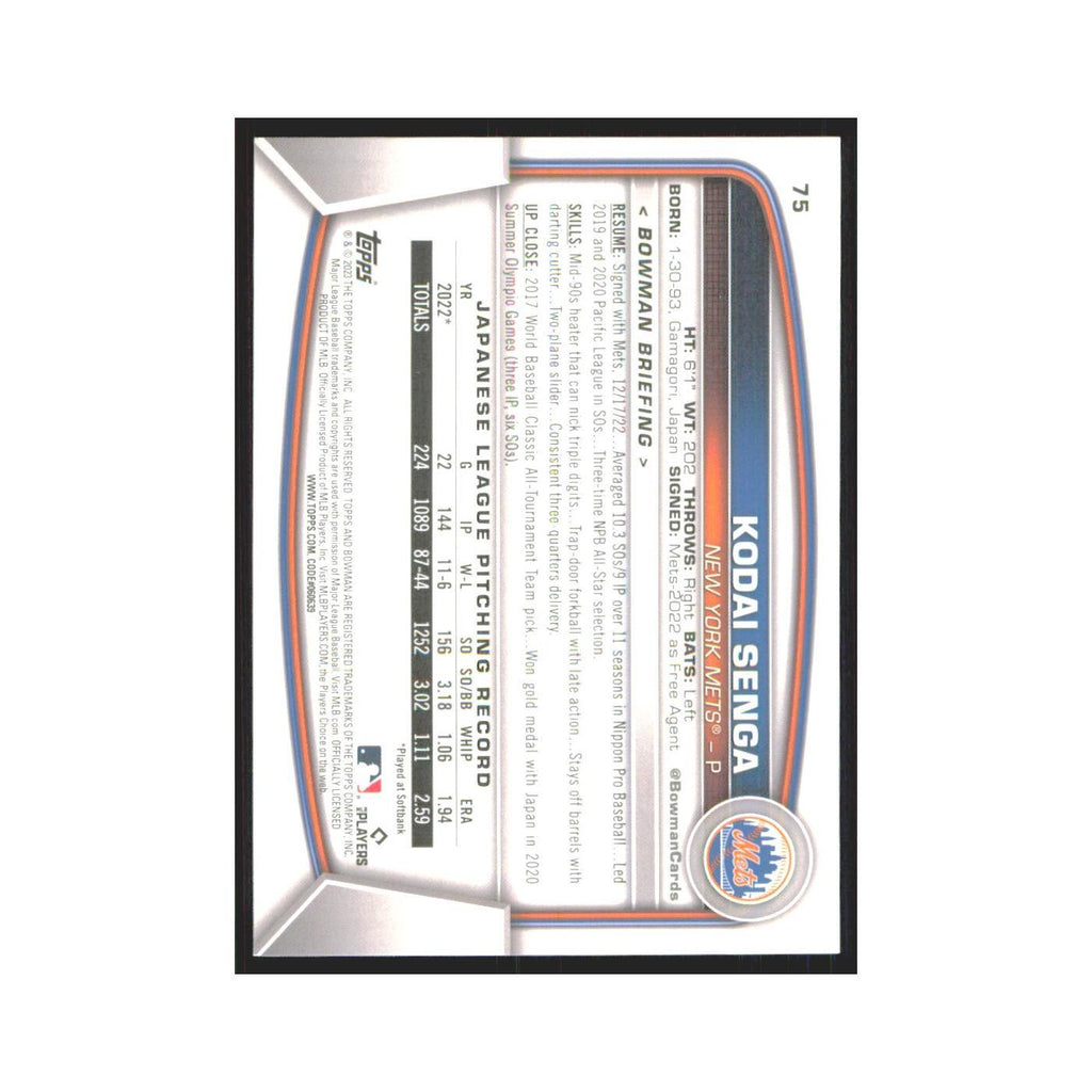Kodai Senga Rookie 2023 Bowman #75 New York Mets Baseball Card NM