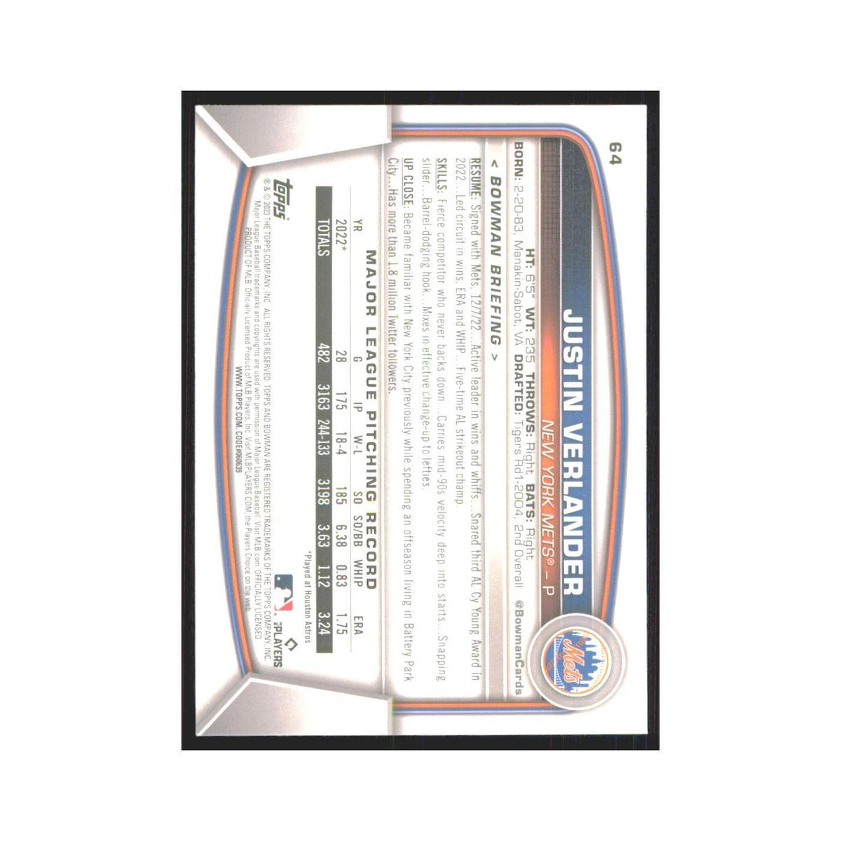 Justin Verlander 2023 Bowman #64 New York Mets Baseball Card NM