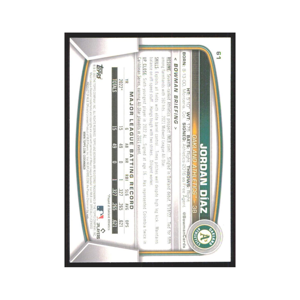 Jordan Diaz Rookie 2023 Bowman #61 Oakland Athletics Baseball Card NM