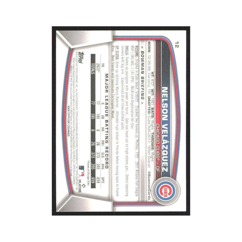 Nelson Velazquez Rookie 2023 Bowman #12 Chicago Cubs Baseball Card NM