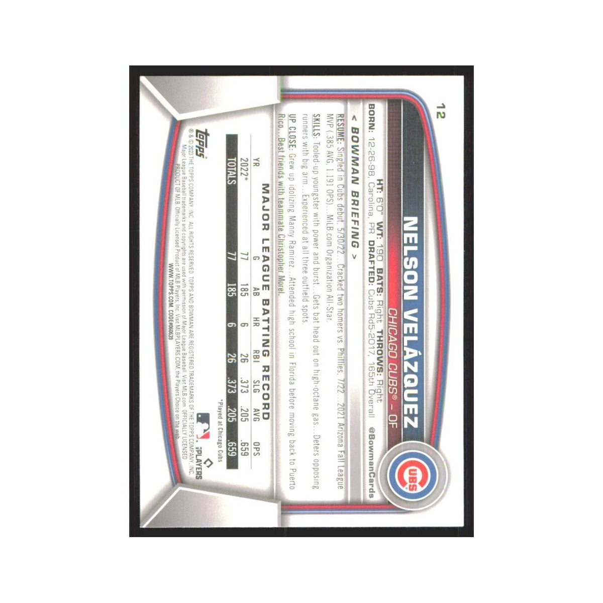 Nelson Velazquez Rookie 2023 Bowman #12 Chicago Cubs Baseball Card NM