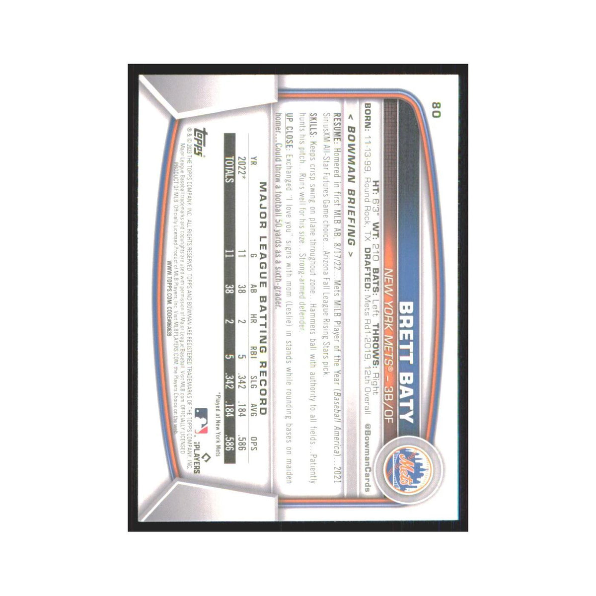 Brett Baty Rookie 2023 Bowman #80 New York Mets Baseball Card NM