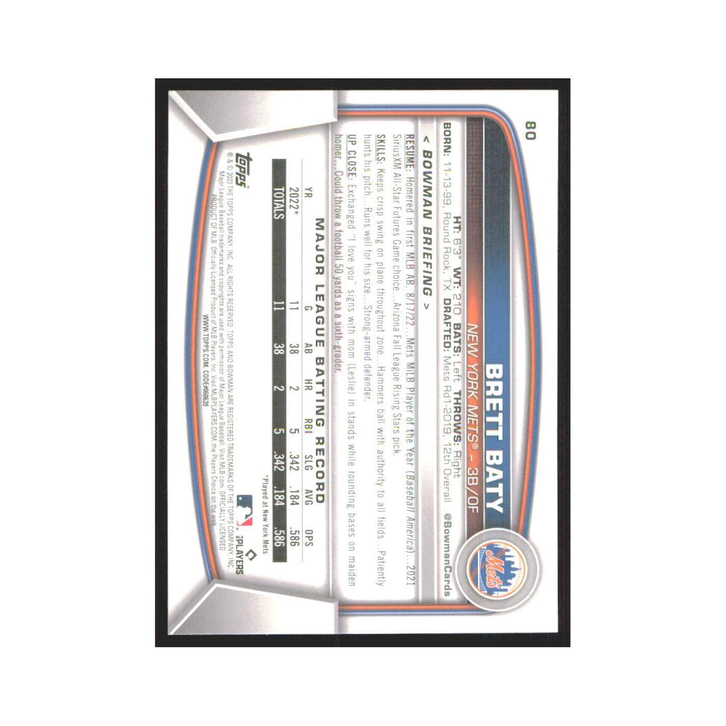 Brett Baty Rookie 2023 Bowman #80 New York Mets Baseball Card NM