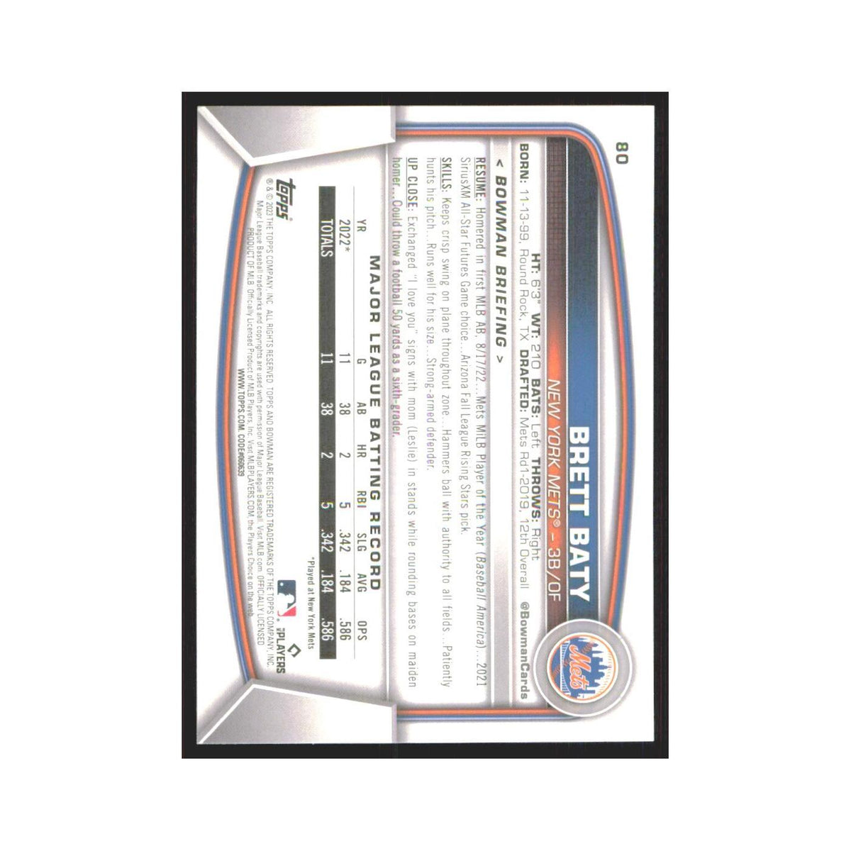 Brett Baty Rookie 2023 Bowman #80 New York Mets Baseball Card NM