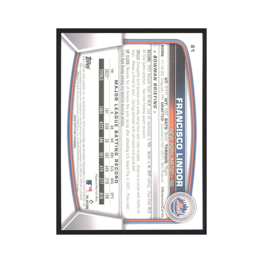Francisco Lindor 2023 Bowman #81 New York Mets Baseball Card NM