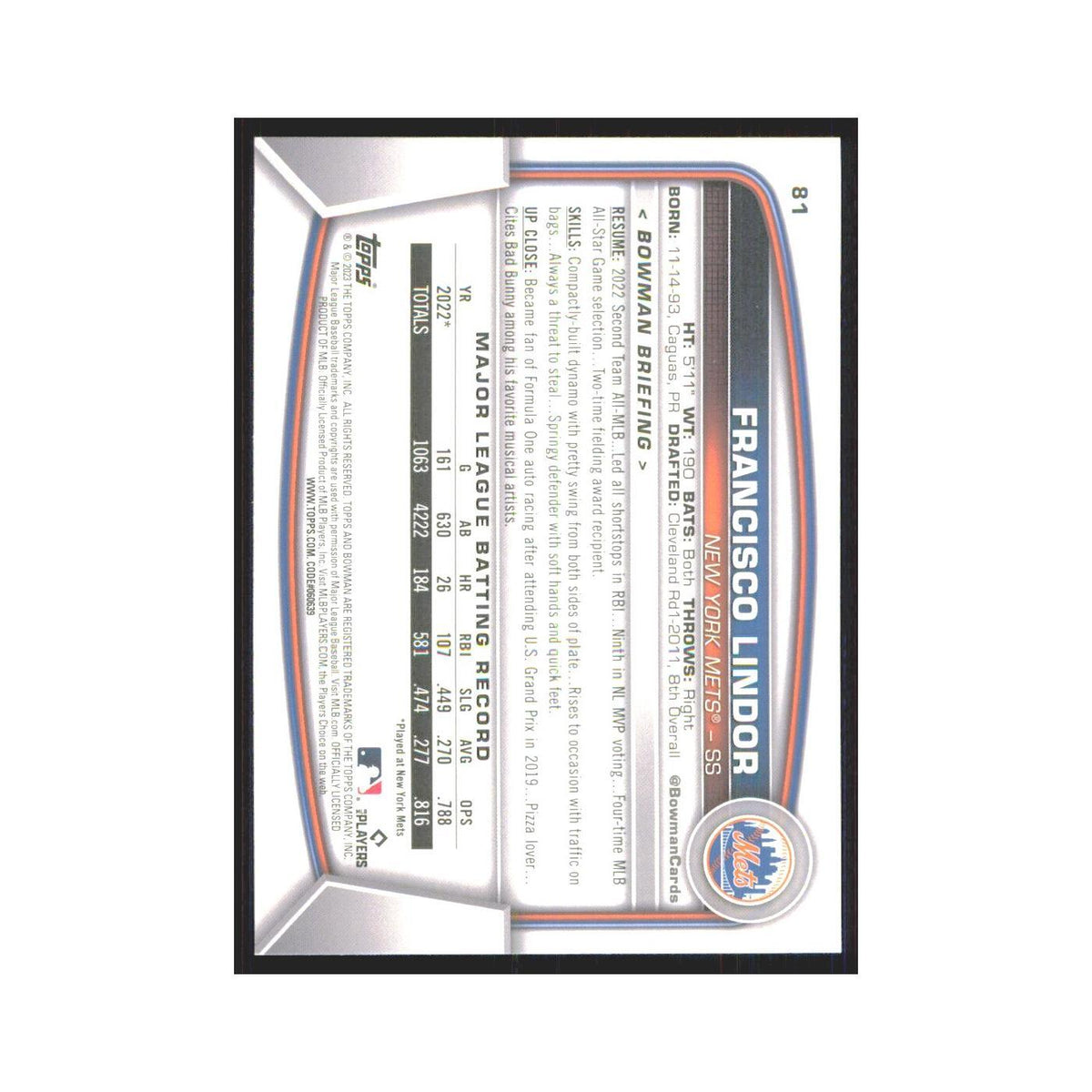 Francisco Lindor 2023 Bowman #81 New York Mets Baseball Card NM