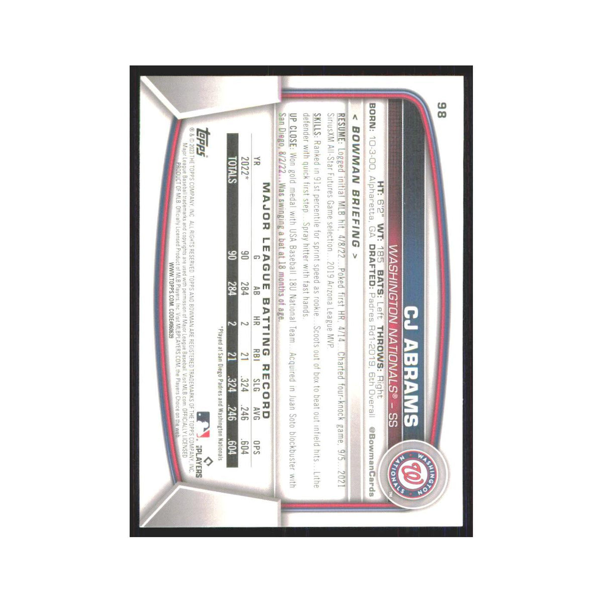 CJ Abrams 2023 Bowman #98 Washington Nationals Baseball Card NM