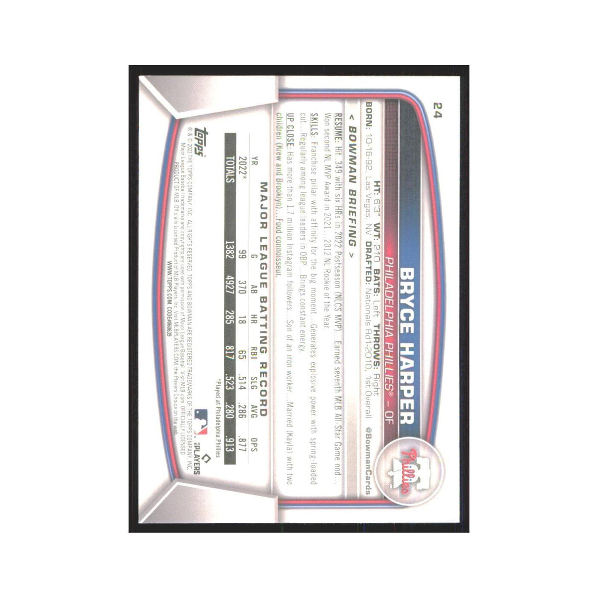 Bryce Harper 2023 Bowman #24 Philadelphia Phillies Baseball Card NM
