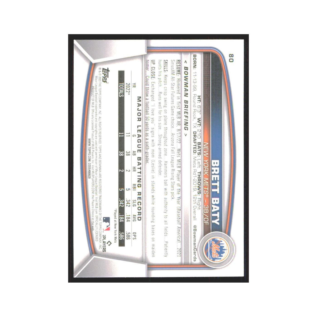 Brett Baty Rookie 2023 Bowman #80 New York Mets Baseball Card NM