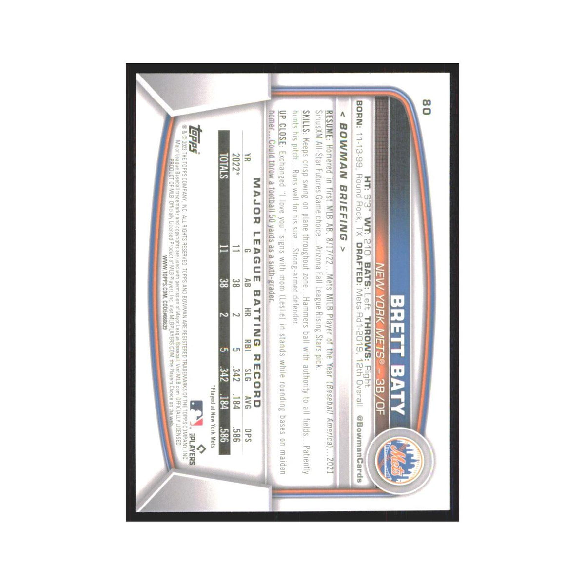 Brett Baty Rookie 2023 Bowman #80 New York Mets Baseball Card NM