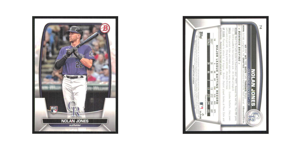 Nolan Jones Rookie 2023 Bowman #74 Colorado Rockies Baseball Card NM