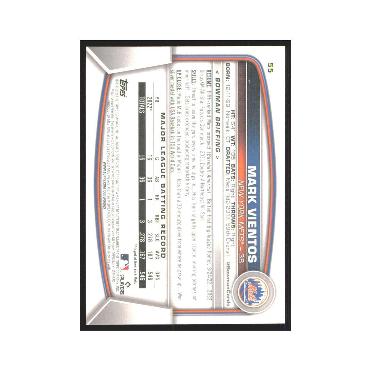 Mark Vientos Rookie 2023 Bowman #55 New York Mets Baseball Card NM